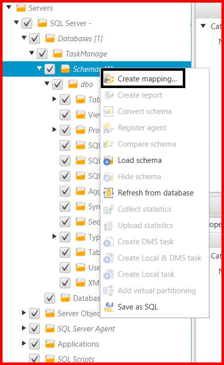 Picture showing the Create mapping option for creating a mapping between the source and target database